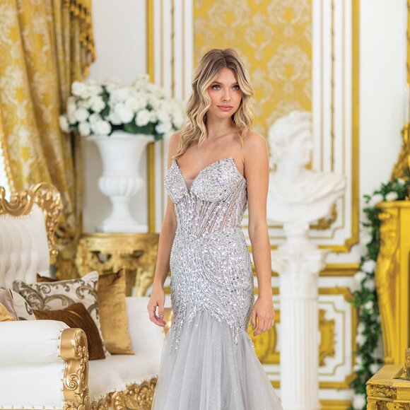 New Strapless Sequins Embellihsed Prom Dress w/ Deep V-Neck & Leg Slit DQ 4468 - Picture 3 of 9
